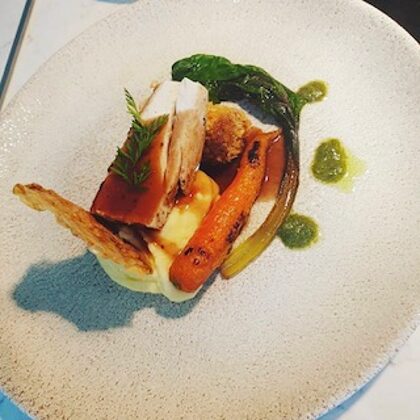 Spring Chicken, Carrot Top Pesto, Rainbow Chard, Croquette & Pomme Puree