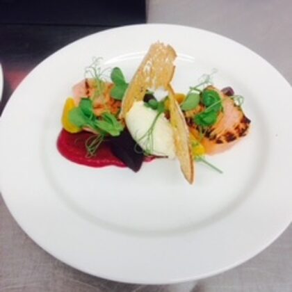 Salmon Pave, Horseradish Mousse & Beetroot Puree