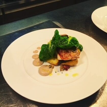 Sea Bream,  Roasted Cauliflower Puree, Jersey Royals & Spring Greens