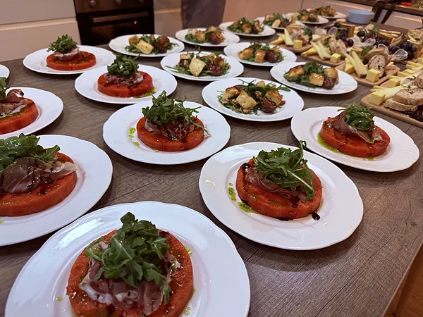Watermelon, Parma ham with balsamic glaze and basil oil