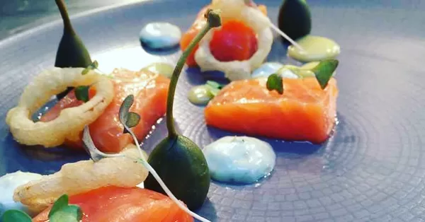 Salmon, Caper Berries, Shallot Onion Rings, Lemon Gel & Tartare