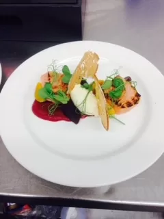 Salmon Pave, Horseradish Mousse & Beetroot Puree